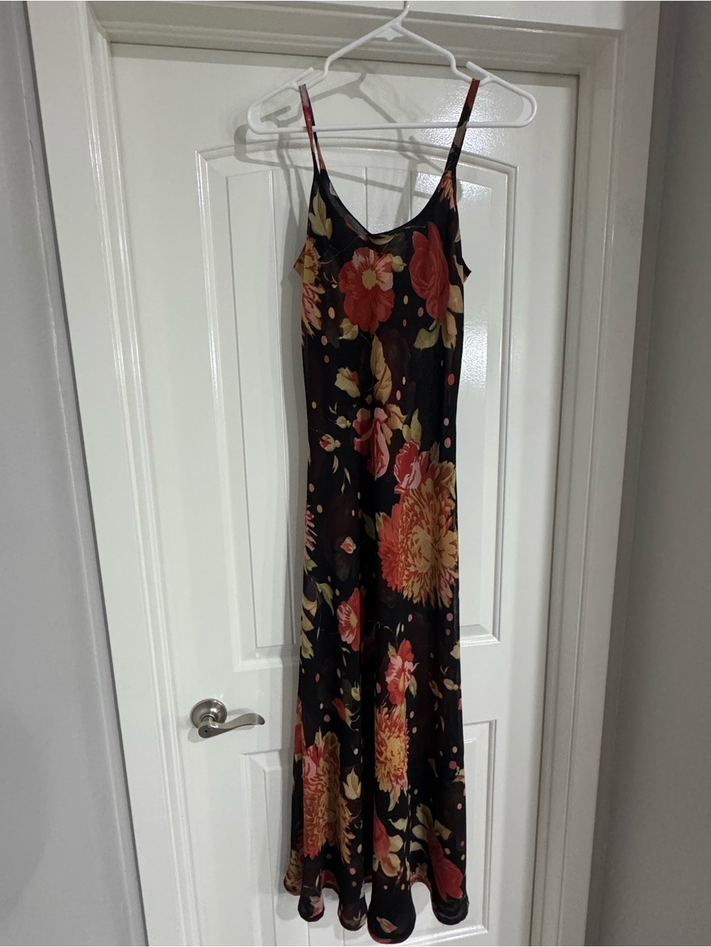 Vintage Black Midi Slip Dress with Red and Yellow Vibrant Floral Pattern